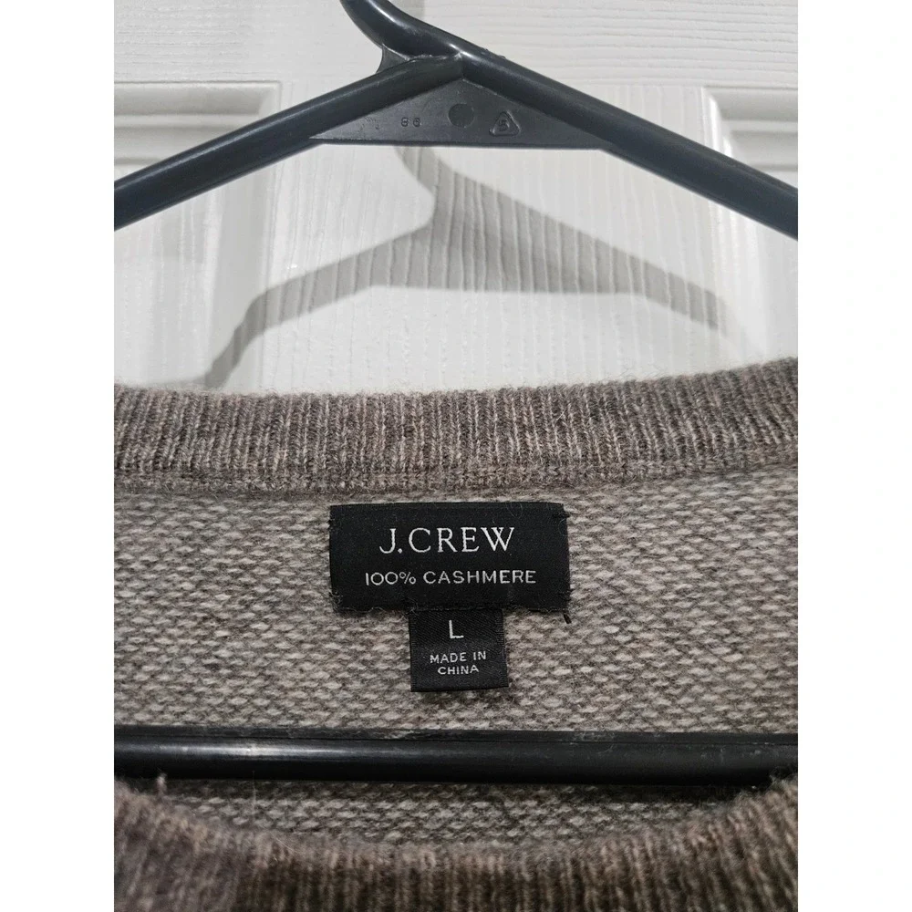 J.Crew 100% Cashmere Sweater Large Taupe Brown Birds Eye Knit Crewneck FLAWED - Picture 2 of 6